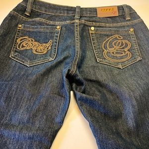 COOJI Low Rise  Stretch 5/6 Dark Wash 30’L  Flare Leg Embroidered Logo